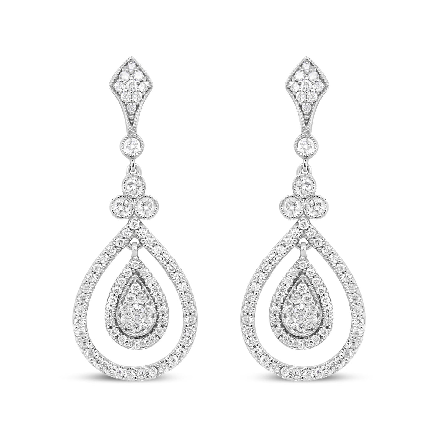 18K White Gold 1 1/4 Cttw Round Diamond Openwork Teardrop-Shaped Dangl - The Sparkling Squirrels & Co.