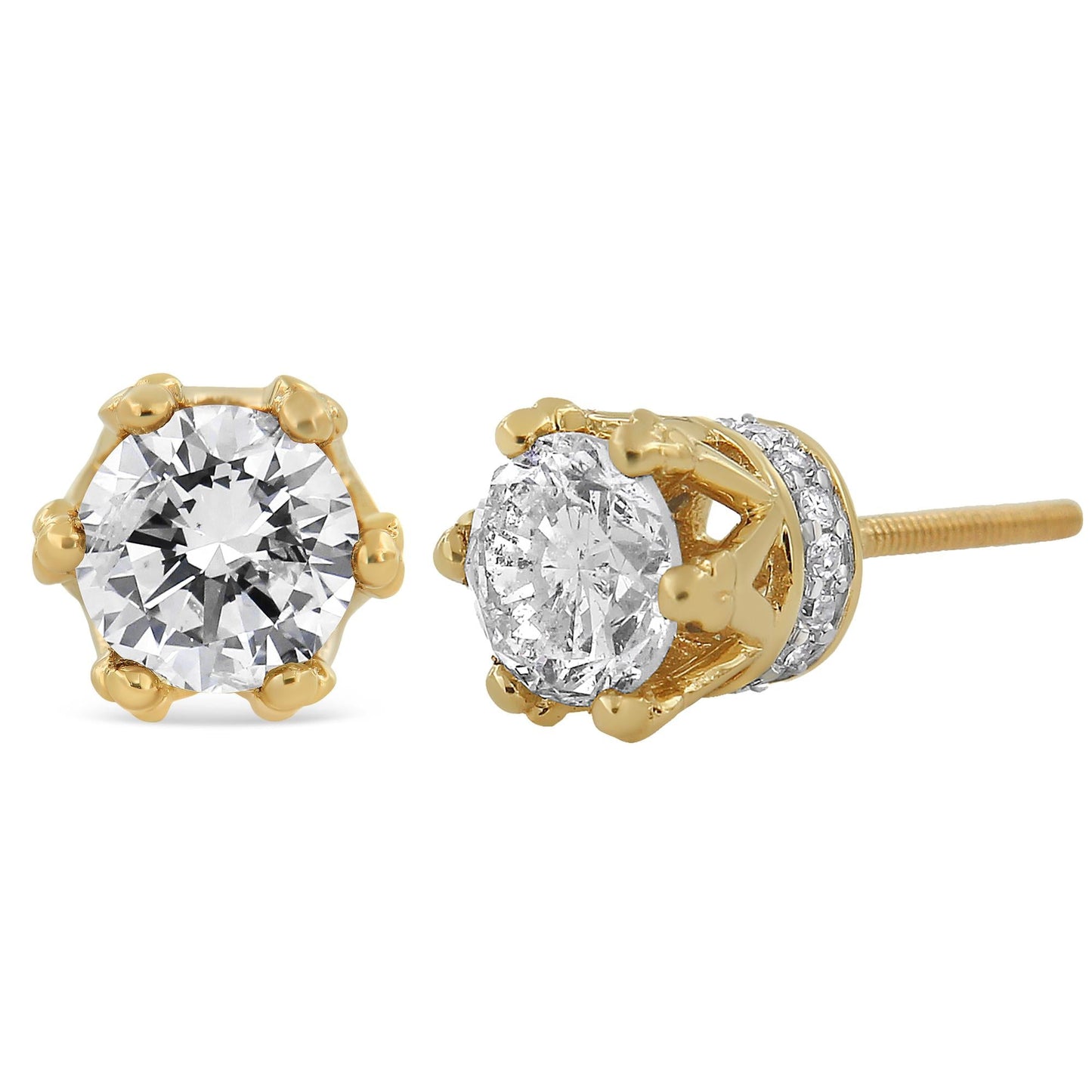 14K Yellow Gold 2.0 Cttw Round Diamond Crown Stud Earrings (I-J Color, - The Sparkling Squirrels & Co.