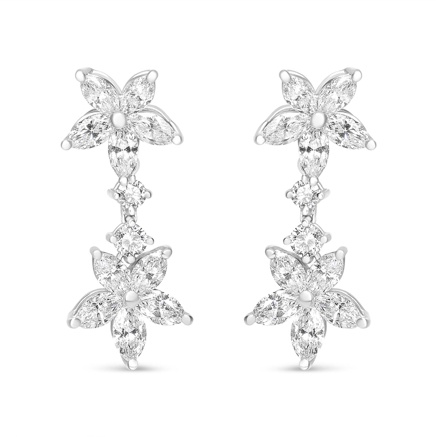 18k white gold marquise diamond floral dangle drop earrings with 6 cttw diamonds, E-F color, VS1-VS2 clarity