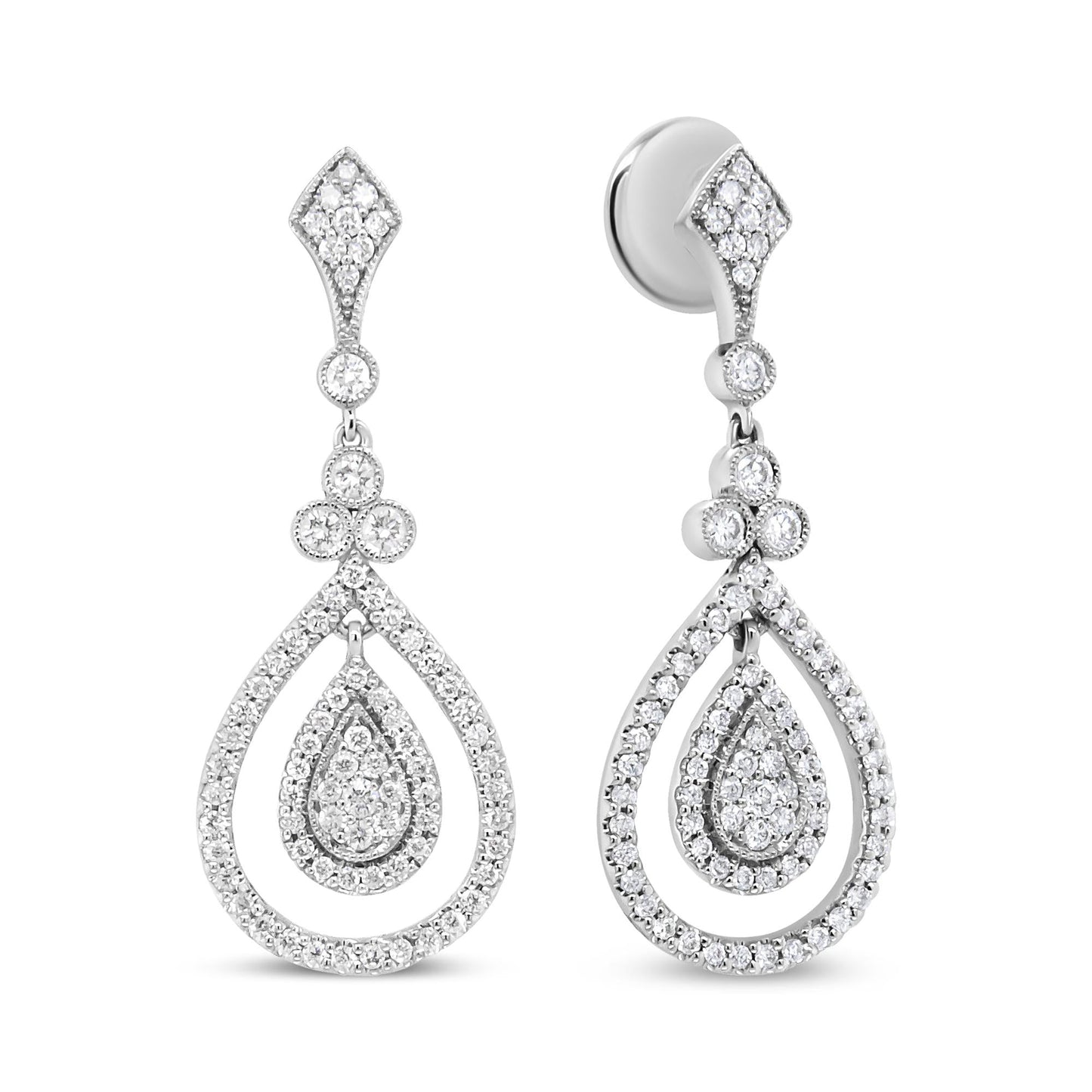 18K White Gold 1 1/4 Cttw Round Diamond Openwork Teardrop-Shaped Dangl - The Sparkling Squirrels & Co.