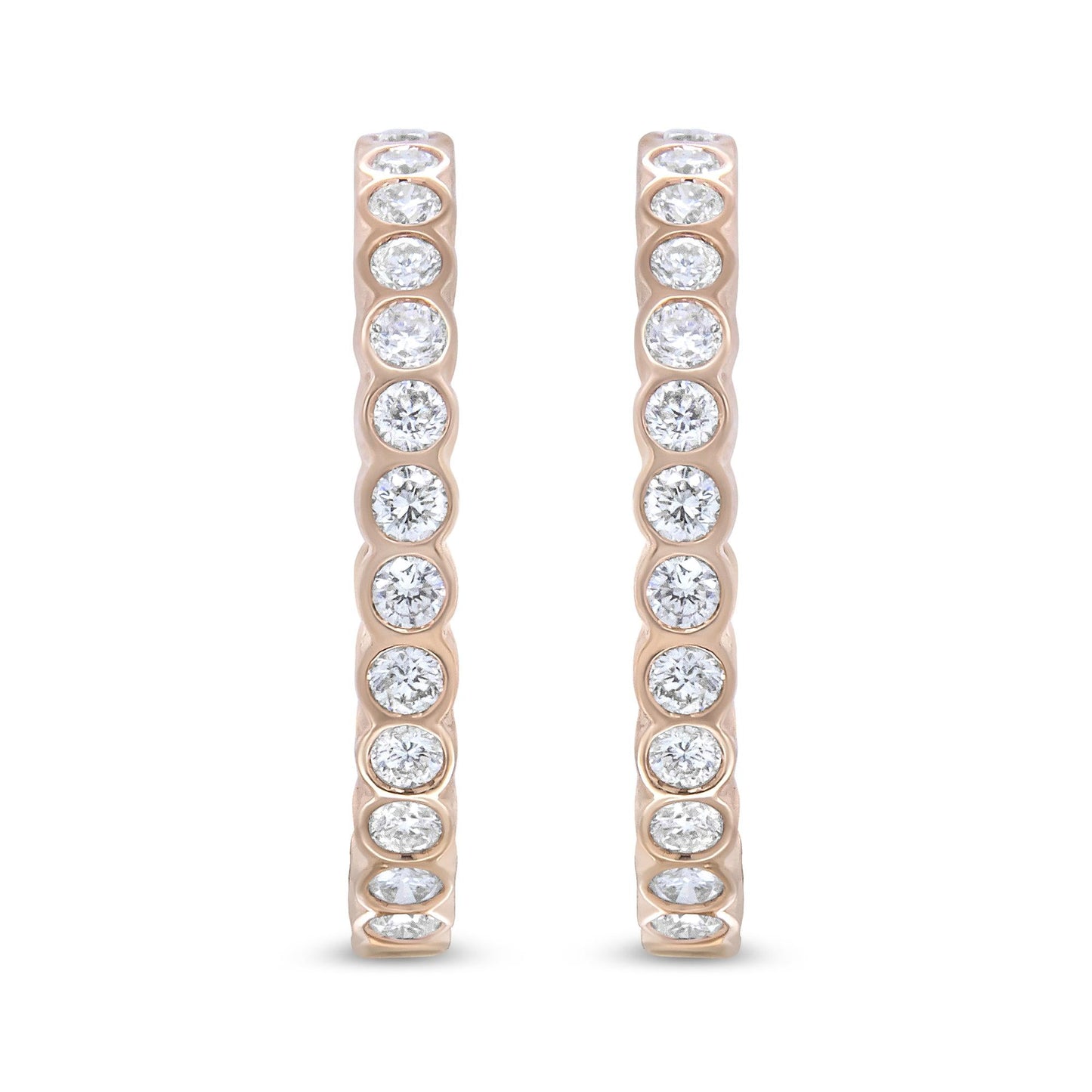 18K Rose Gold 1 Cttw Round Bezel-Set Diamond Hoop Earrings