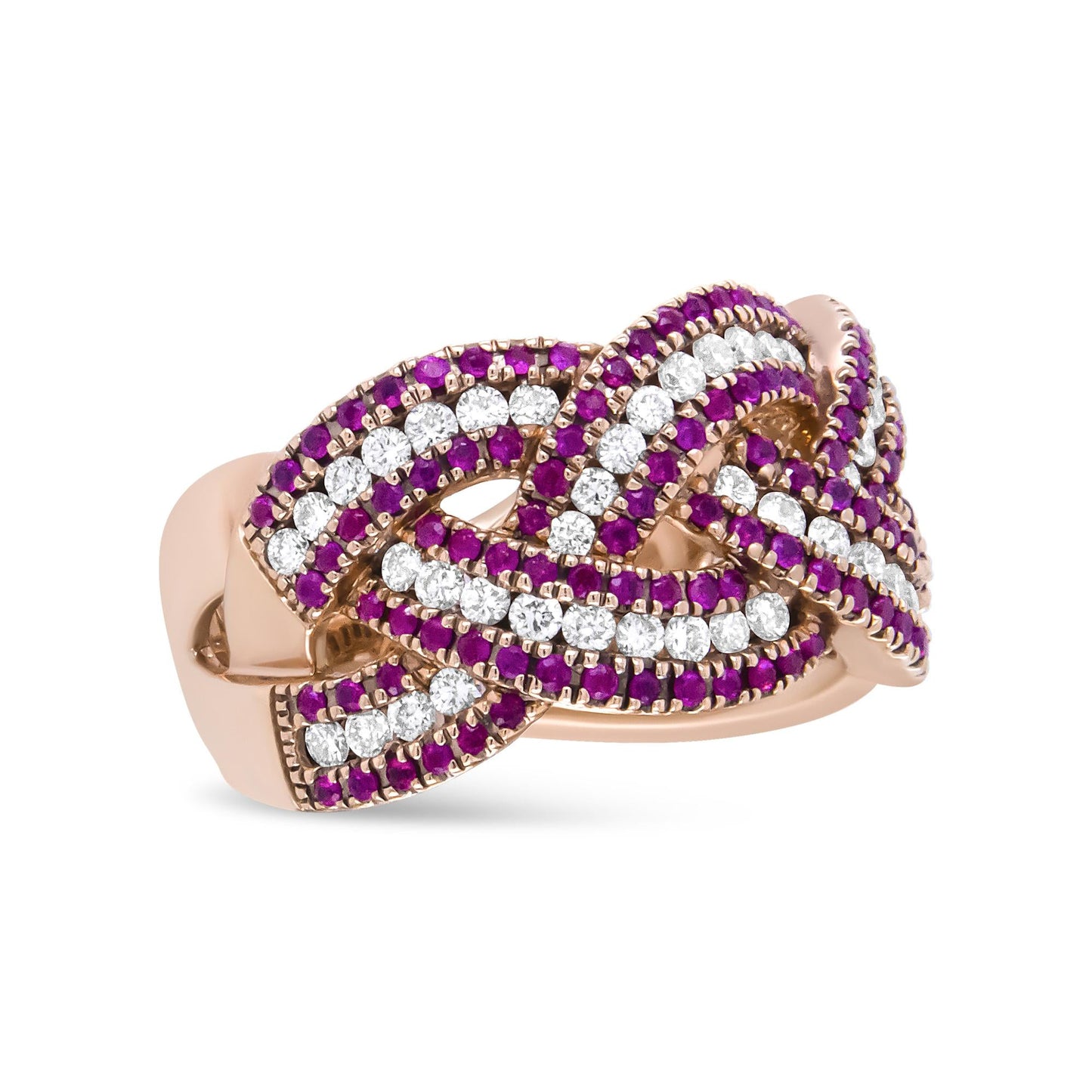 18K Rose Gold Red Ruby and 7/8 Cttw Diamond Woven Braided Band Ring - The Sparkling Squirrels & Co.