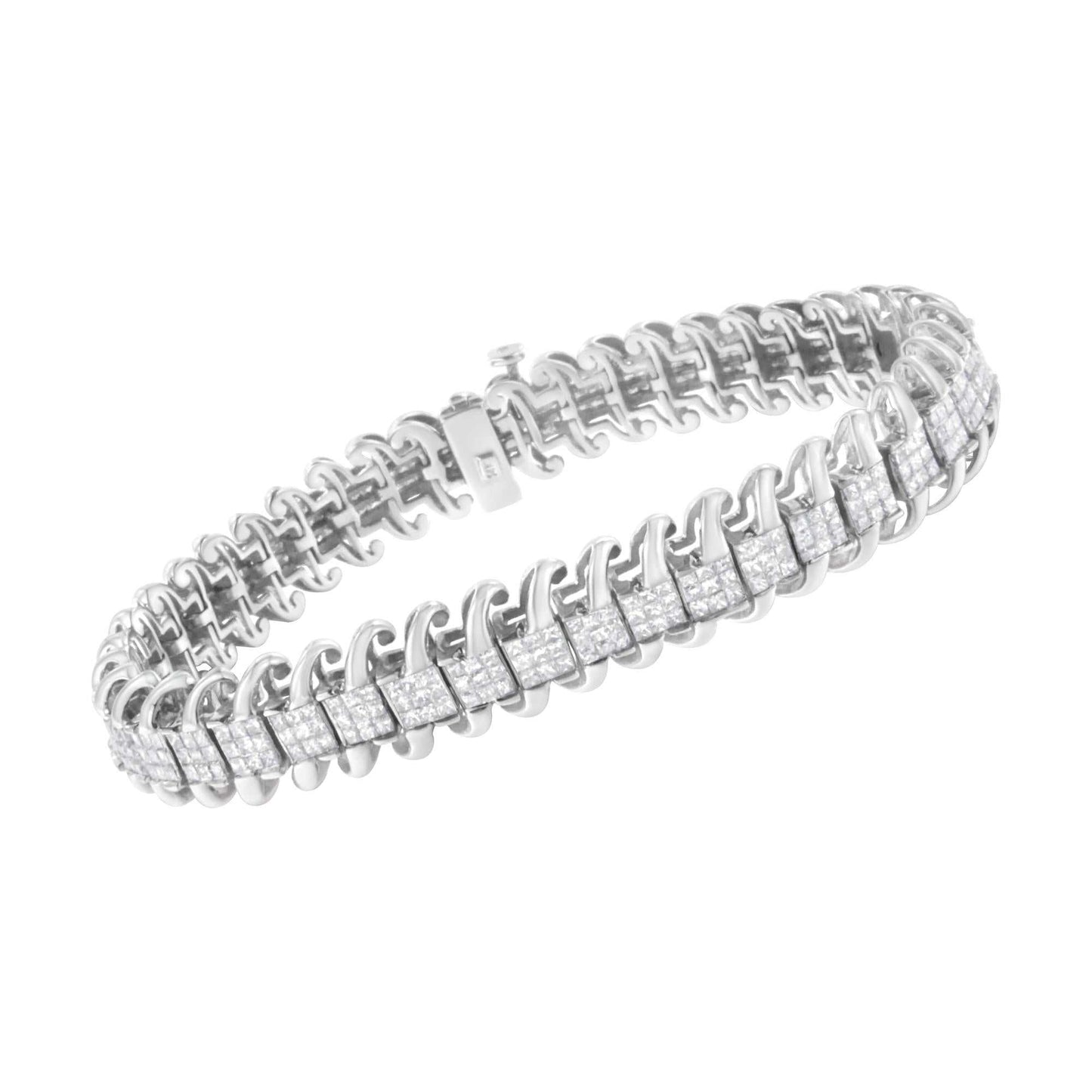 14K White Gold 5.0 Cttw Princess Cut Diamond 7" Invisible Set Wavy S-Link Tennis Bracelet (G-H Color, SI1-SI2 Clarity) - The Sparkling Squirrels & Co.