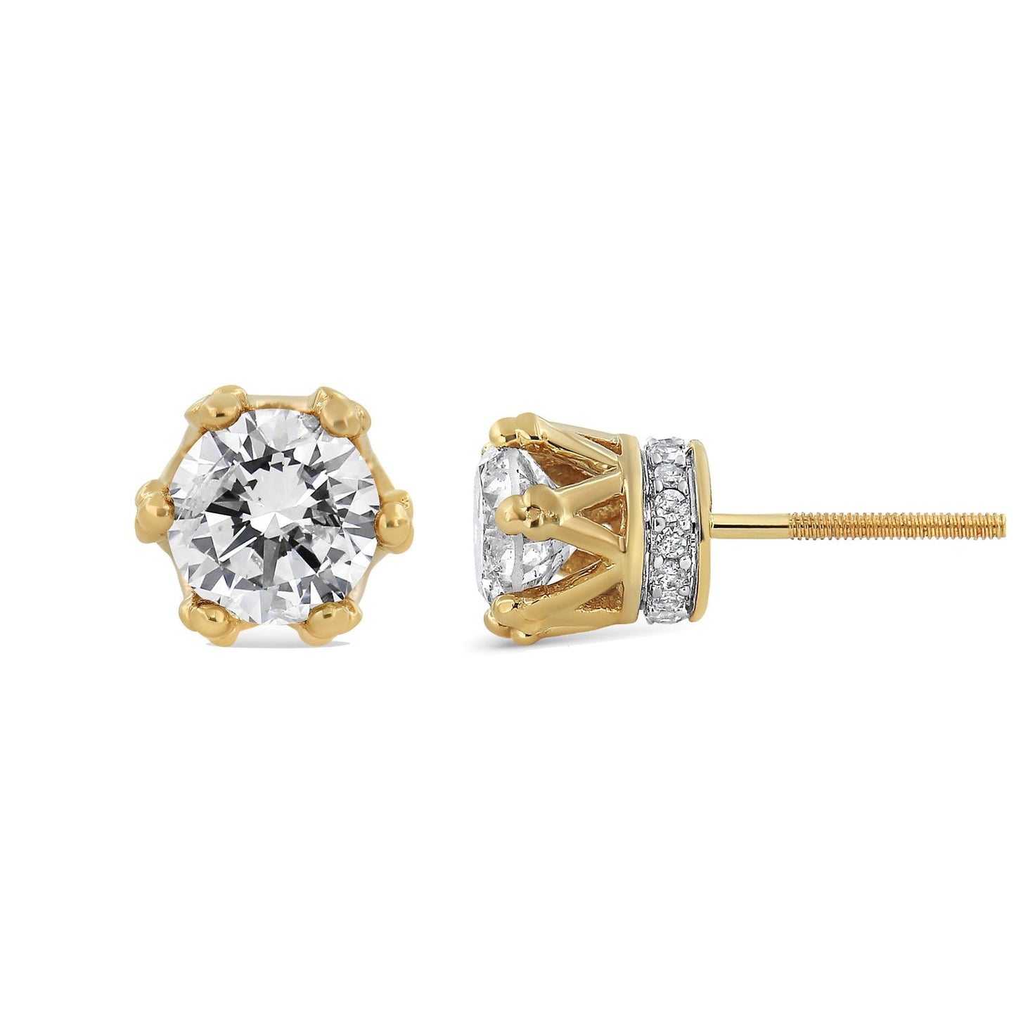 14K Yellow Gold 2.0 Cttw Round Diamond Crown Stud Earrings (I-J Color, - The Sparkling Squirrels & Co.