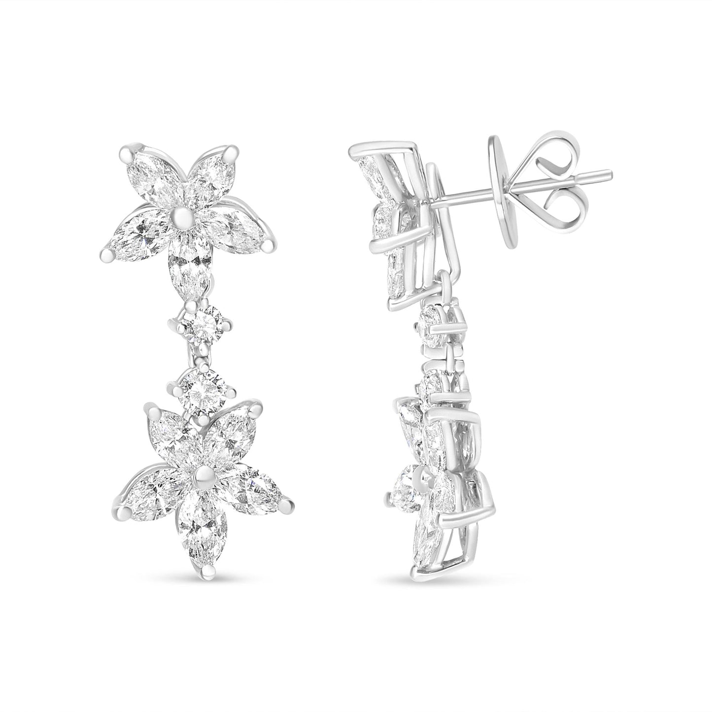 18k white gold marquise diamond floral dangle drop earrings with 6 cttw E-F color VS1-VS2 clarity diamonds