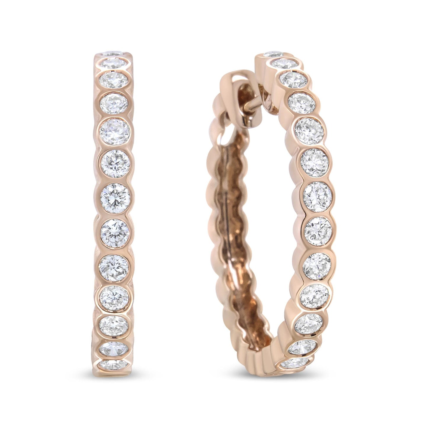 18K Rose Gold 1 Cttw Round Bezel-Set Diamond Hoop Earrings