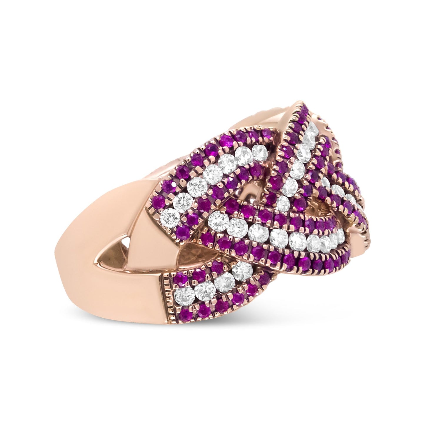 18K Rose Gold Red Ruby and 7/8 Cttw Diamond Woven Braided Band Ring - The Sparkling Squirrels & Co.