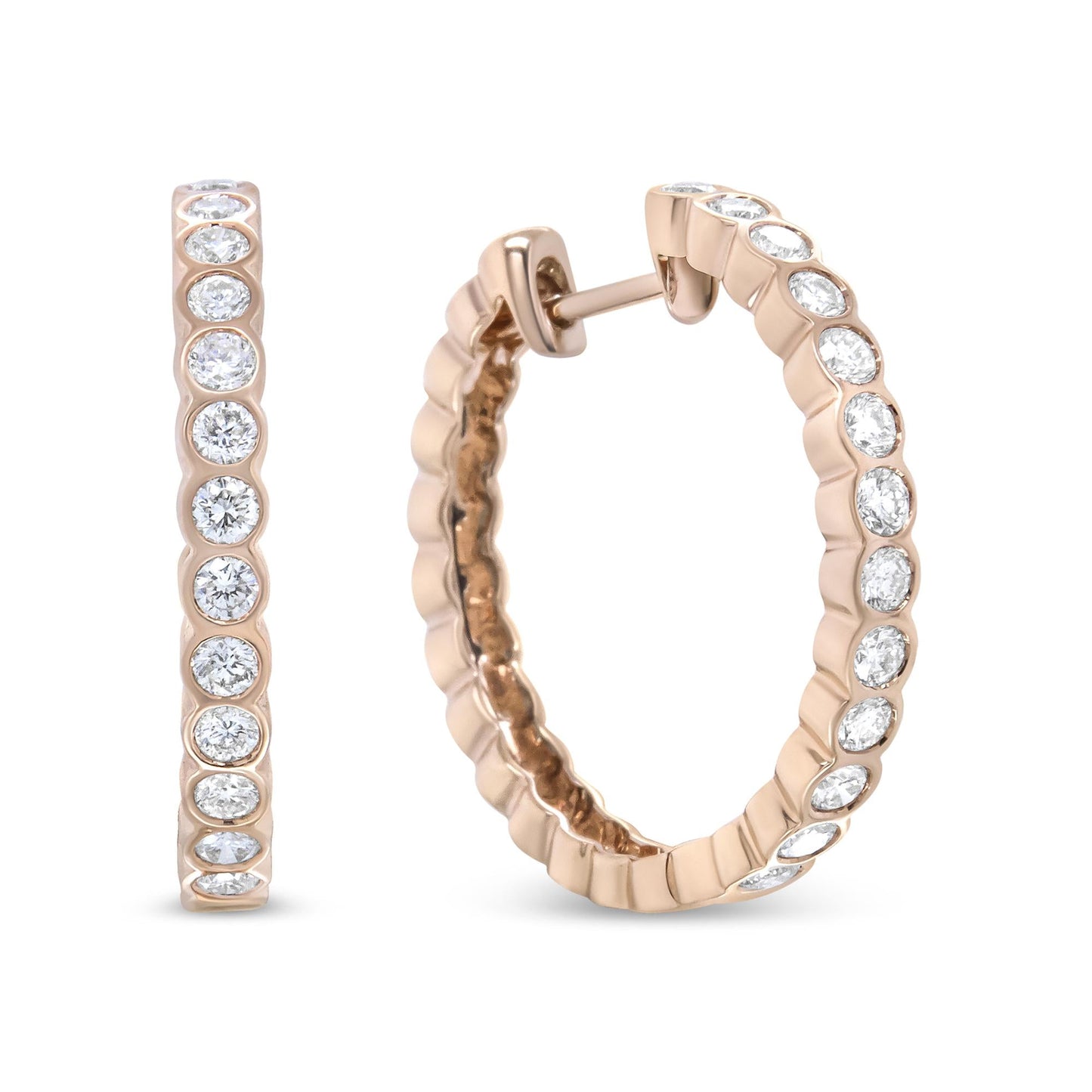 18K Rose Gold 1 Cttw Round Bezel-Set Diamond Hoop Earrings