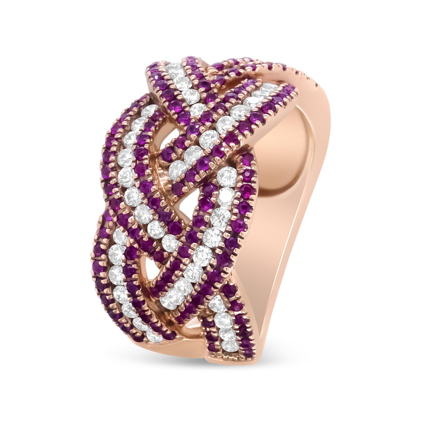 18K Rose Gold Red Ruby and 7/8 Cttw Diamond Woven Braided Band Ring - The Sparkling Squirrels & Co.