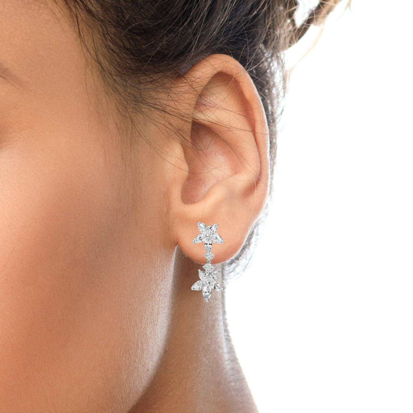 18k White Gold 6.0 Cttw Marquise Diamond Floral Dangle Drop Earrings (E-F Color, VS1-VS2 Clarity) - The Sparkling Squirrels & Co.