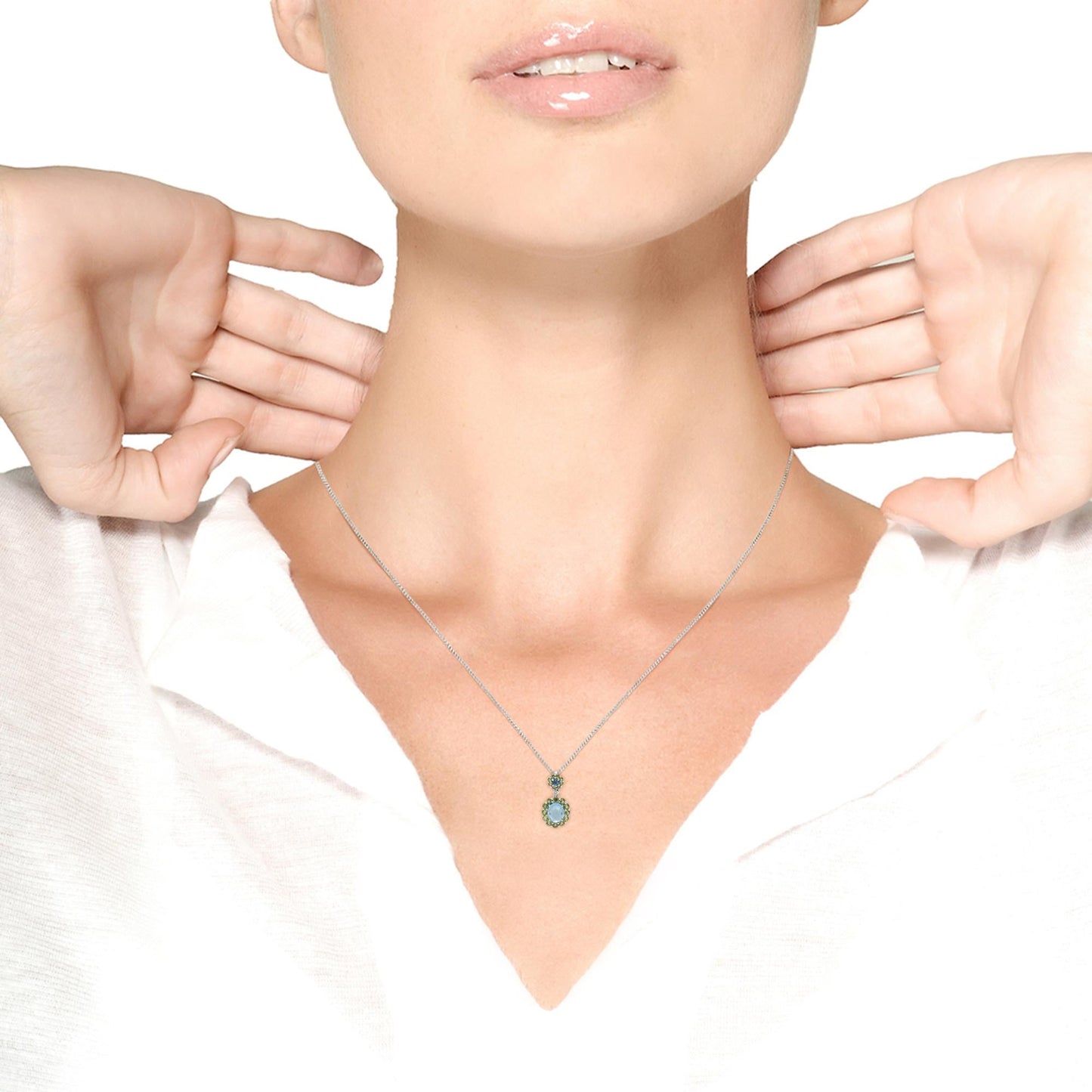 18k White Gold 0.05 Cttw Round Diamond and Blue Topaz and Green - The Sparkling Squirrels & Co.