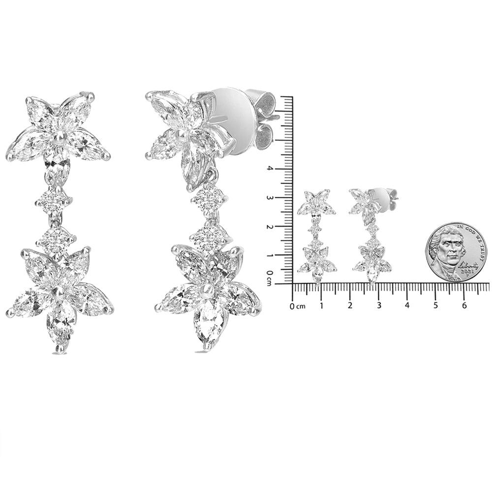 18k white gold marquise diamond floral dangle drop earrings with 6.0 cttw diamonds, E-F color, VS1-VS2 clarity