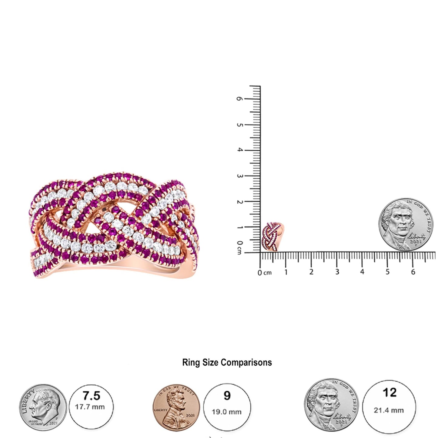 18K Rose Gold Red Ruby and 7/8 Cttw Diamond Woven Braided Band Ring - The Sparkling Squirrels & Co.
