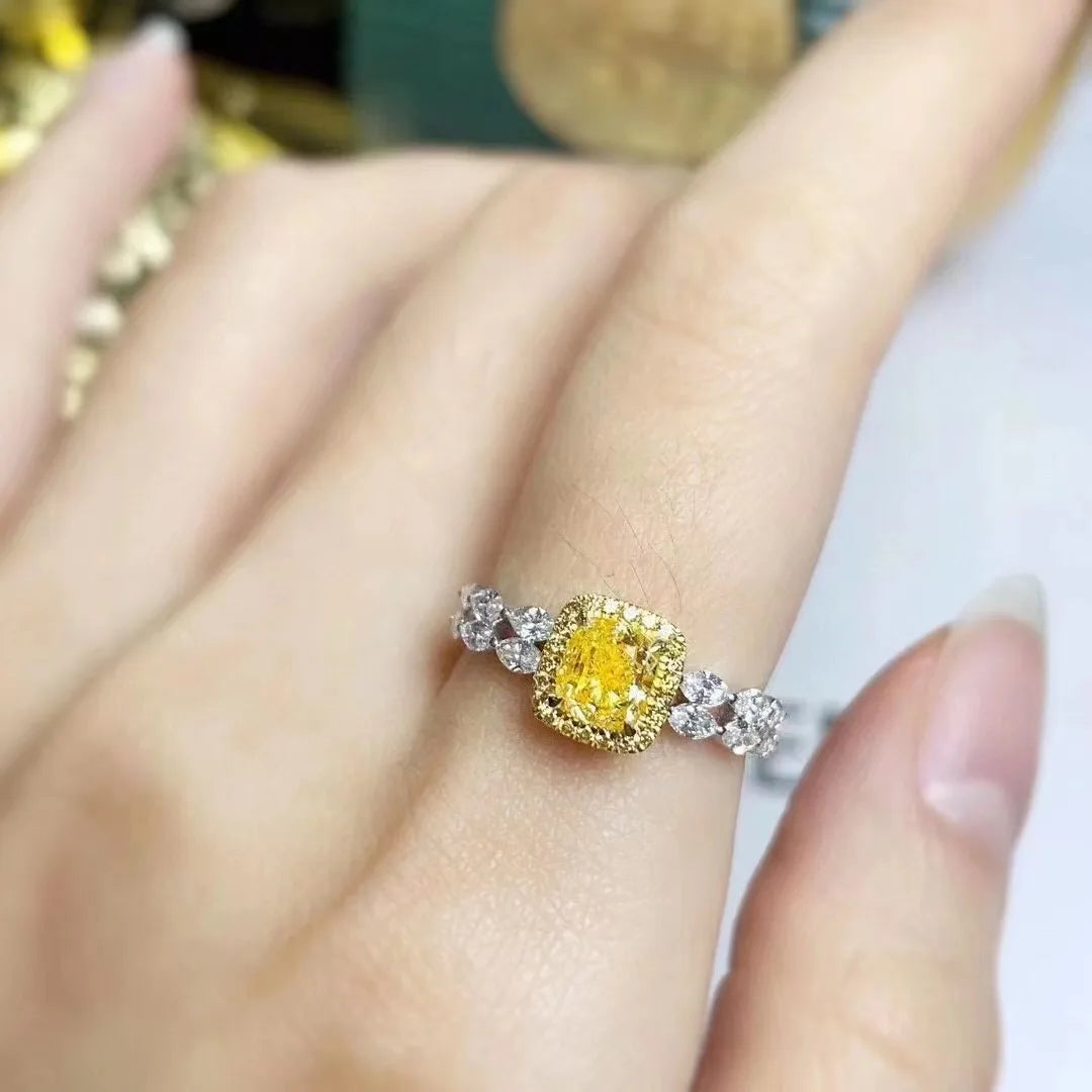 SGRIT Fine Jewelry 18k White Gold 1.008CT Natural Yellow Diamond Ring Cushion Cut Diamond Wedding Ring