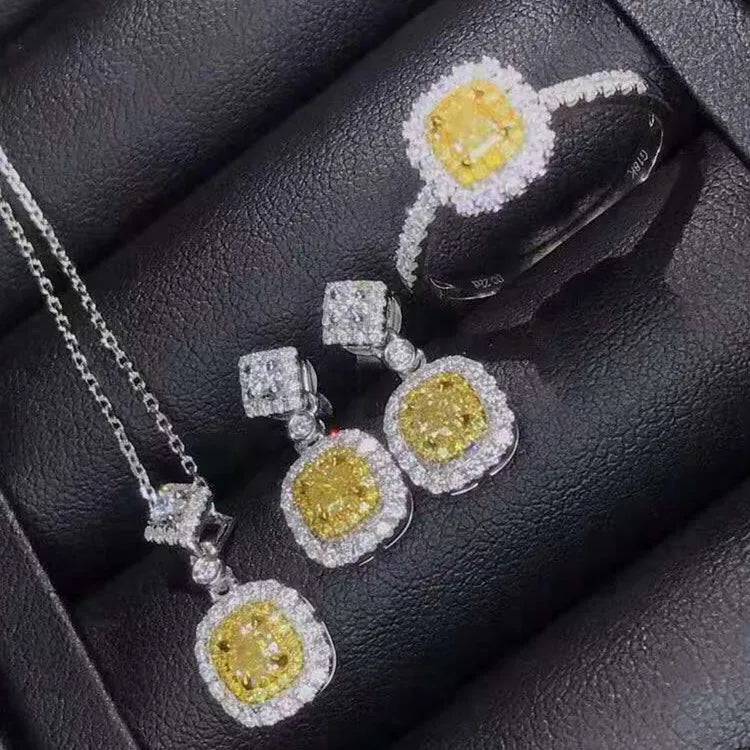 SGARIT Wedding Engagement Trendy Luxury New Style 0.4+0.21+0.22ct VS Natural Yellow Diamond 18k Gold Jewelry Set for Women