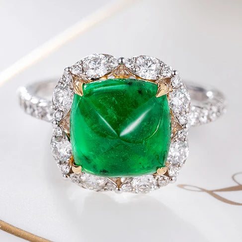 18k Gold Ring Classic Fashion Natural Emerald Diamond Gemstone Halo Wedding Engagement Ring for Women Fine Jewelry
