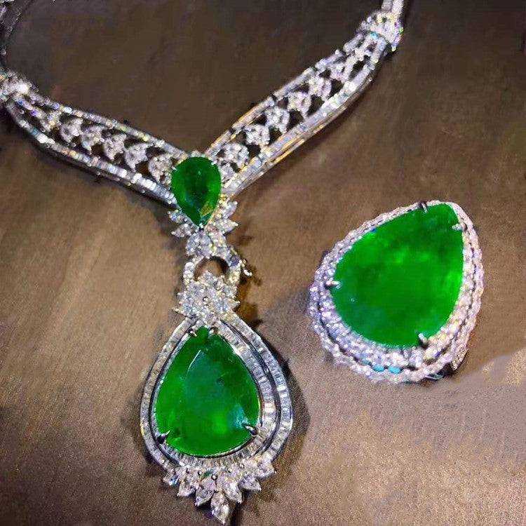 Royal Customized Precious Wedding Gemstone Jewelry With Price 18k Gold Natural Green Emerald Pendant Necklace Ring Set - The Sparkling Squirrels & Co.
