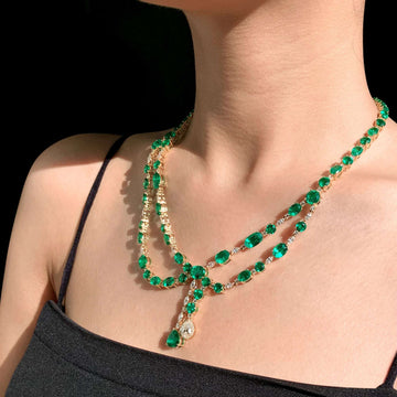 Fine Jewelry Luxury Women Lab Grown Green Emerald Diamond Necklace 18k Gold Double Layer Necklace - The Sparkling Squirrels & Co.