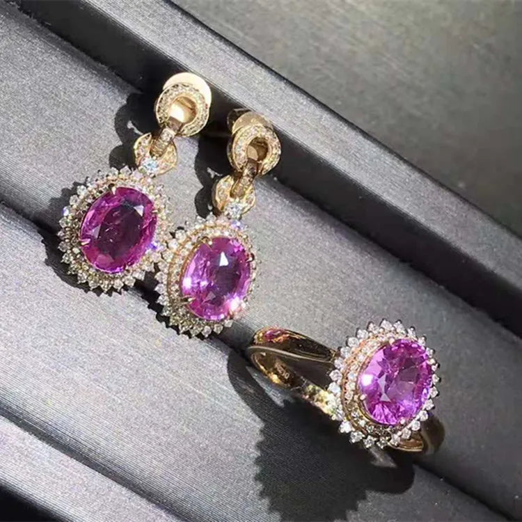 18K Gold Diamond & Natural Pink Sapphire Statement Jewelry Set