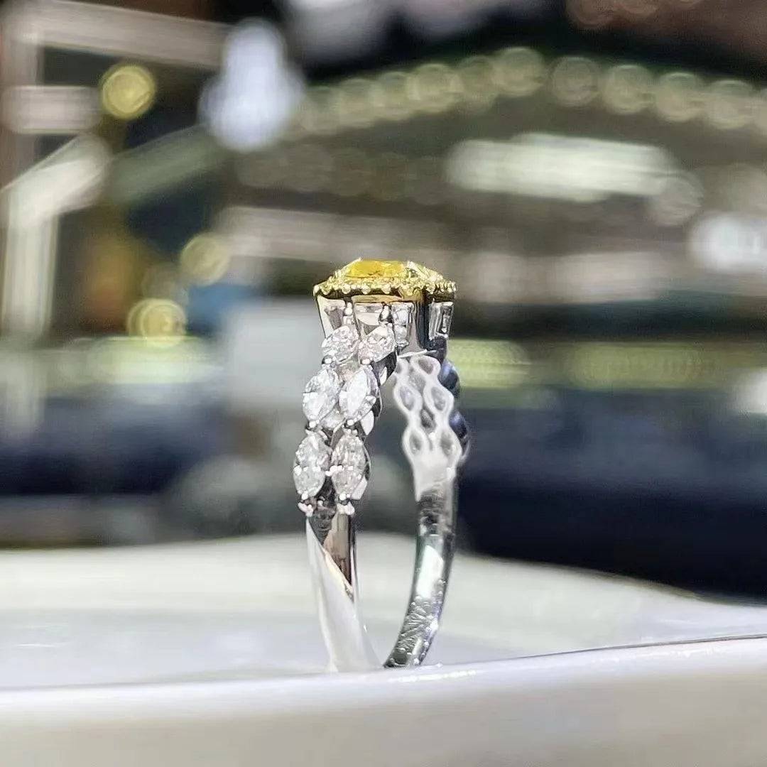 SGRIT Fine Jewelry 18k White Gold 1.008CT Natural Yellow Diamond Ring Cushion Cut Diamond Wedding Ring