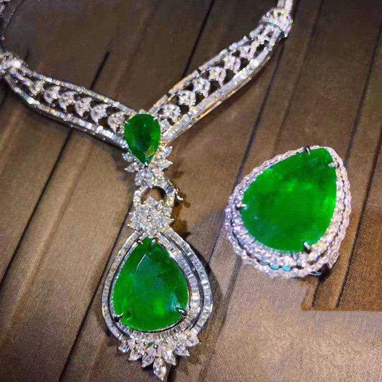 Royal Customized Precious Wedding Gemstone Jewelry With Price 18k Gold Natural Green Emerald Pendant Necklace Ring Set - The Sparkling Squirrels & Co.