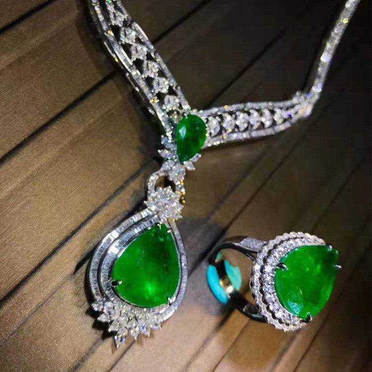 Royal Customized Precious Wedding Gemstone Jewelry With Price 18k Gold Natural Green Emerald Pendant Necklace Ring Set - The Sparkling Squirrels & Co.