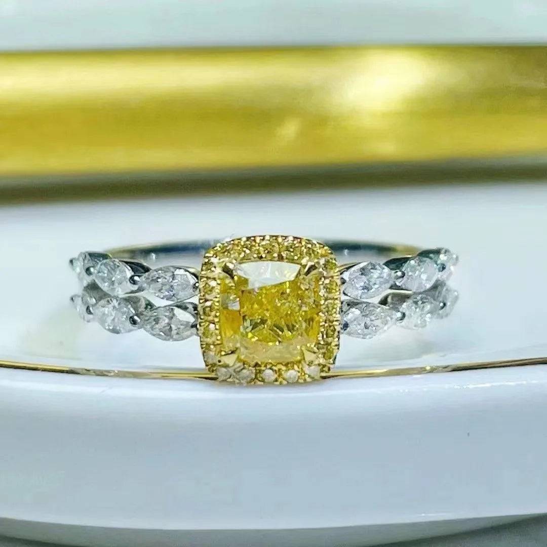 SGRIT Fine Jewelry 18k White Gold 1.008CT Natural Yellow Diamond Ring Cushion Cut Diamond Wedding Ring