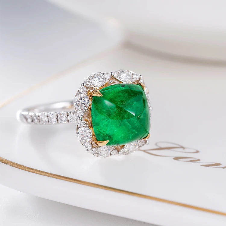 18k Gold Ring Classic Fashion Natural Emerald Diamond Gemstone Halo Wedding Engagement Ring for Women Fine Jewelry