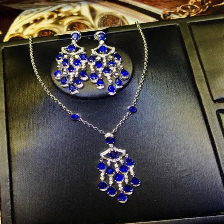 Sri Lanka Gemstone Wedding Jewelry18k Gold South Africa Real Diamond Natural Blue Sapphire Earring Pendant Necklace Set