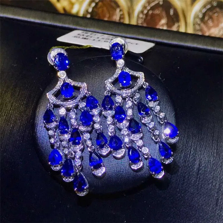 Sri Lanka Gemstone Wedding Jewelry18k Gold South Africa Real Diamond Natural Blue Sapphire Earring Pendant Necklace Set