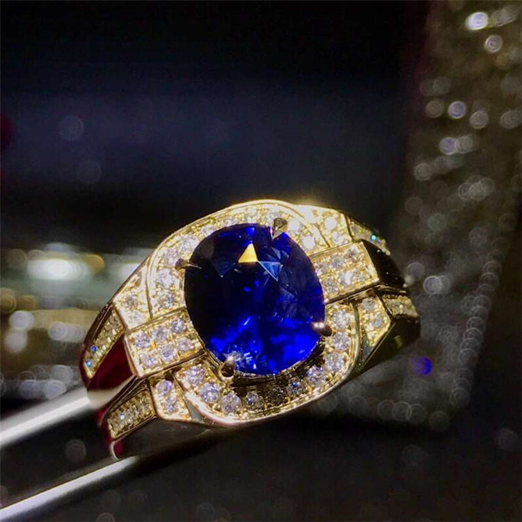 Anello da uomo di lusso SGARIT in oro 18k con diamanti veri da 3,51 ct e zaffiro blu naturale dello Sri Lanka