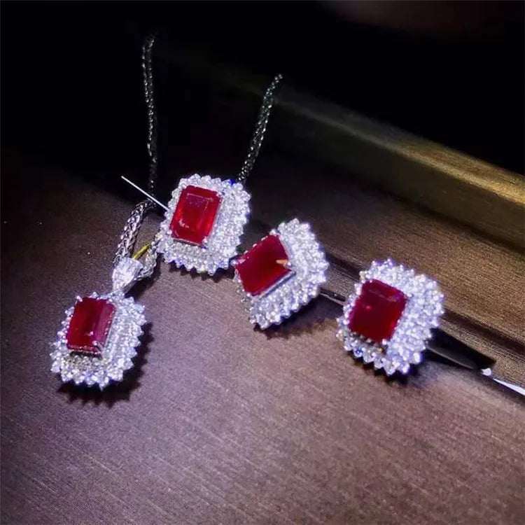 18k Gold Pigeon Blood Ruby Bridal Set, Crimson Legacy of Elysia, earrings, necklace, ring.