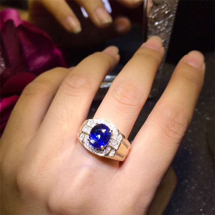 Anello da uomo di lusso SGARIT in oro 18k con diamanti veri da 3,51 ct e zaffiro blu naturale dello Sri Lanka