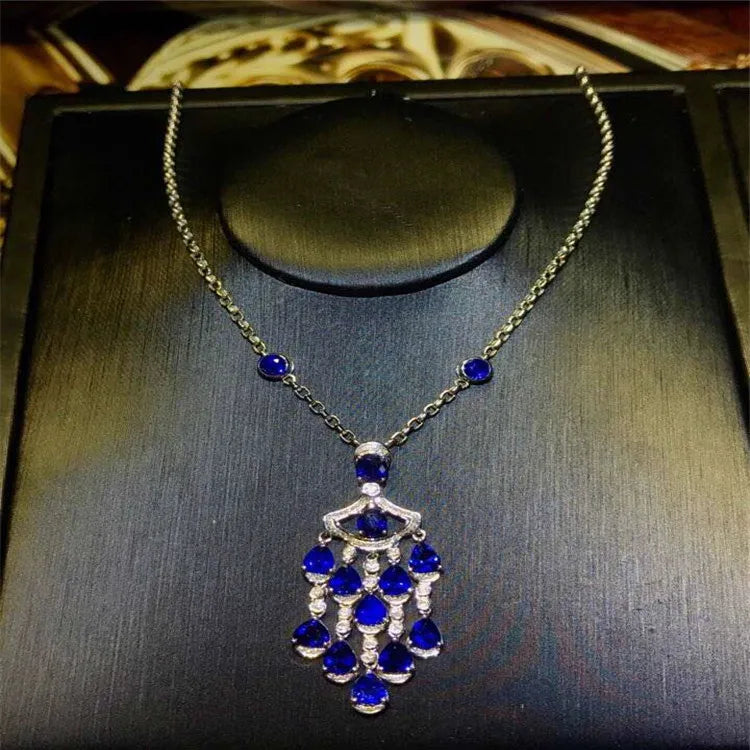 Sri Lanka Gemstone Wedding Jewelry18k Gold South Africa Real Diamond Natural Blue Sapphire Earring Pendant Necklace Set