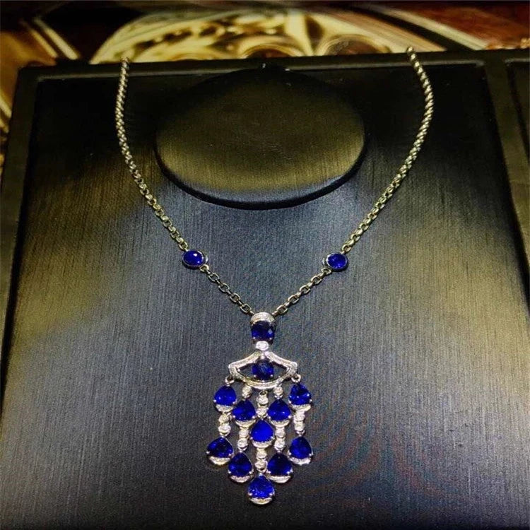 Sri Lanka Gemstone Wedding Jewelry18k Gold South Africa Real Diamond Natural Blue Sapphire Earring Pendant Necklace Set