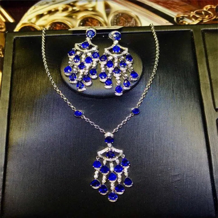 Sri Lanka Gemstone Wedding Jewelry18k Gold South Africa Real Diamond Natural Blue Sapphire Earring Pendant Necklace Set