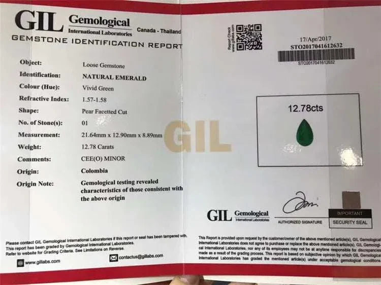 Gemological identification report for 12.78ct vivid green natural emerald pear cut from Colombia for Heart of the Enchanted Forest pendant necklace