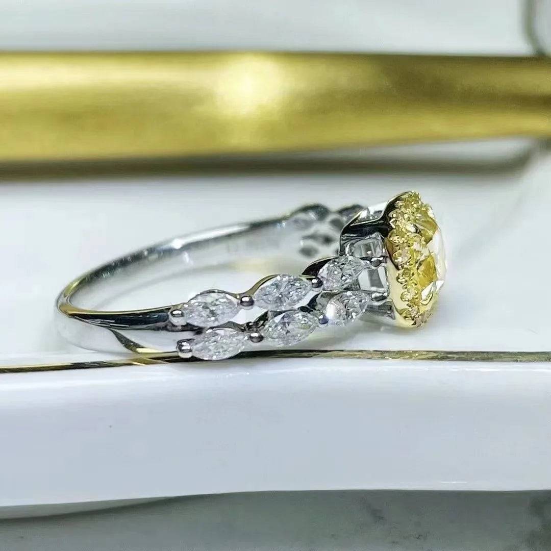 SGRIT Fine Jewelry 18k White Gold 1.008CT Natural Yellow Diamond Ring Cushion Cut Diamond Wedding Ring