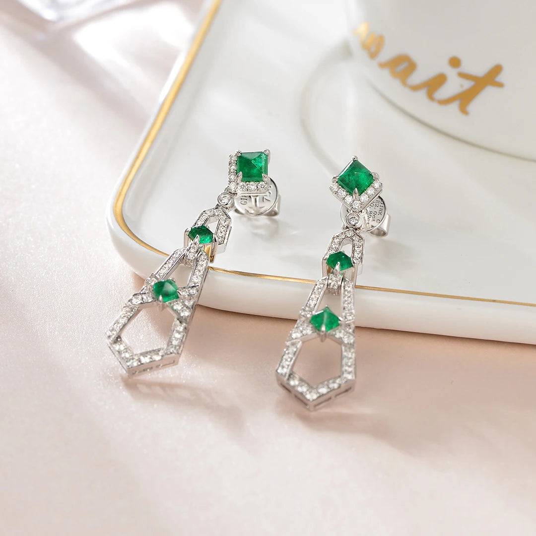 Natural Emerald Gemstone Real 18k Gold White Diamond Luxury Drop Earring for Women