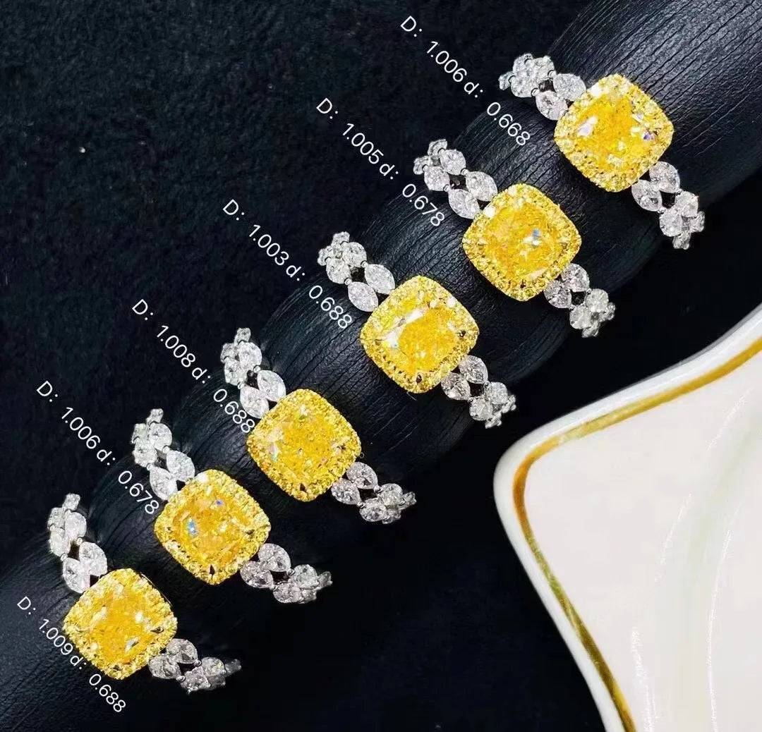 SGRIT Fine Jewelry 18k White Gold 1.008CT Natural Yellow Diamond Ring Cushion Cut Diamond Wedding Ring