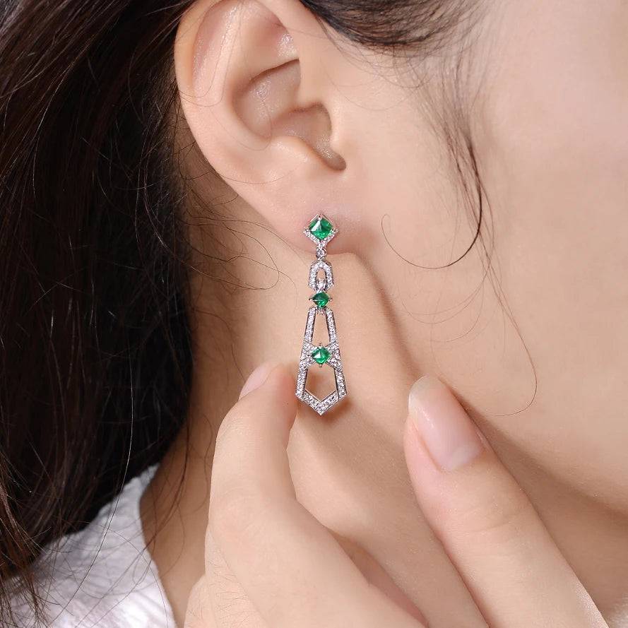 Natural Emerald Gemstone Real 18k Gold White Diamond Luxury Drop Earring for Women