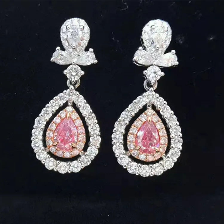 Luxury Precious Bridal Wedding Gemstone Jewelry 18k White Gold 0.36ct Natural Pink Diamond Pendant Earring