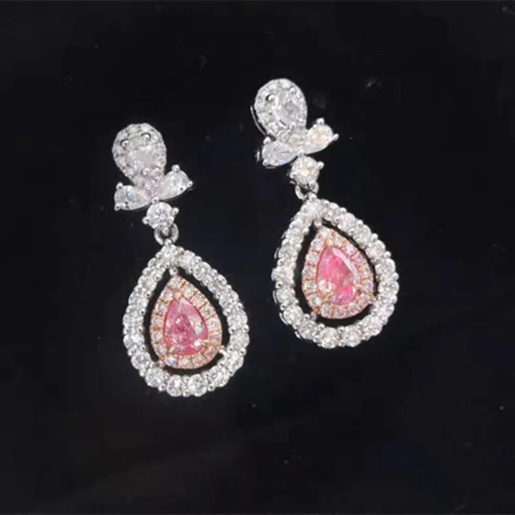 Luxury Precious Bridal Wedding Gemstone Jewelry 18k White Gold 0.36ct Natural Pink Diamond Pendant Earring