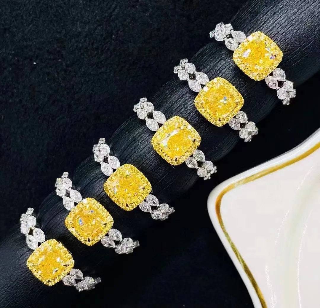 SGRIT Fine Jewelry 18k White Gold 1.008CT Natural Yellow Diamond Ring Cushion Cut Diamond Wedding Ring