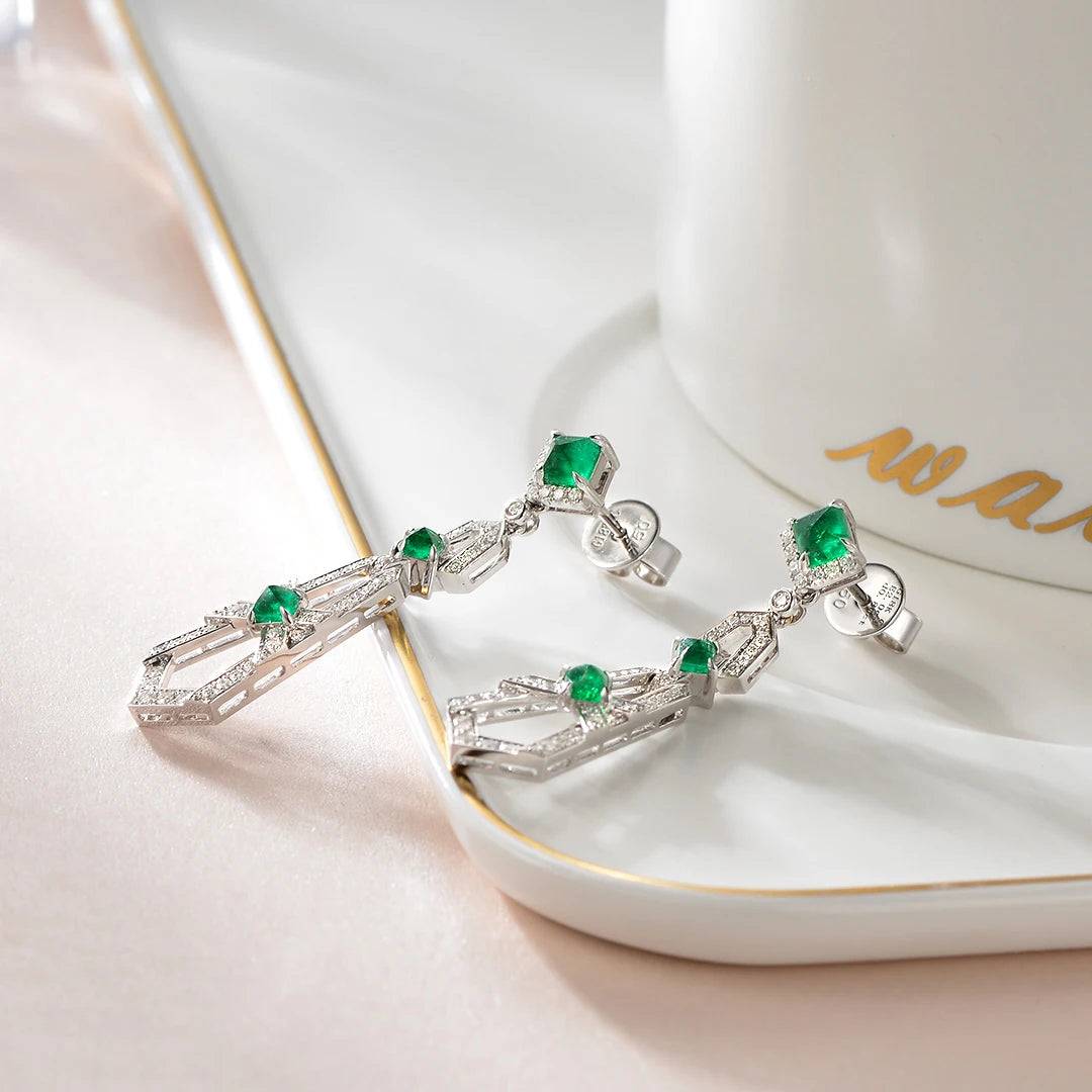 Natural Emerald Gemstone Real 18k Gold White Diamond Luxury Drop Earring for Women