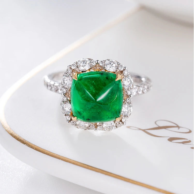 18k Gold Ring Classic Fashion Natural Emerald Diamond Gemstone Halo Wedding Engagement Ring for Women Fine Jewelry