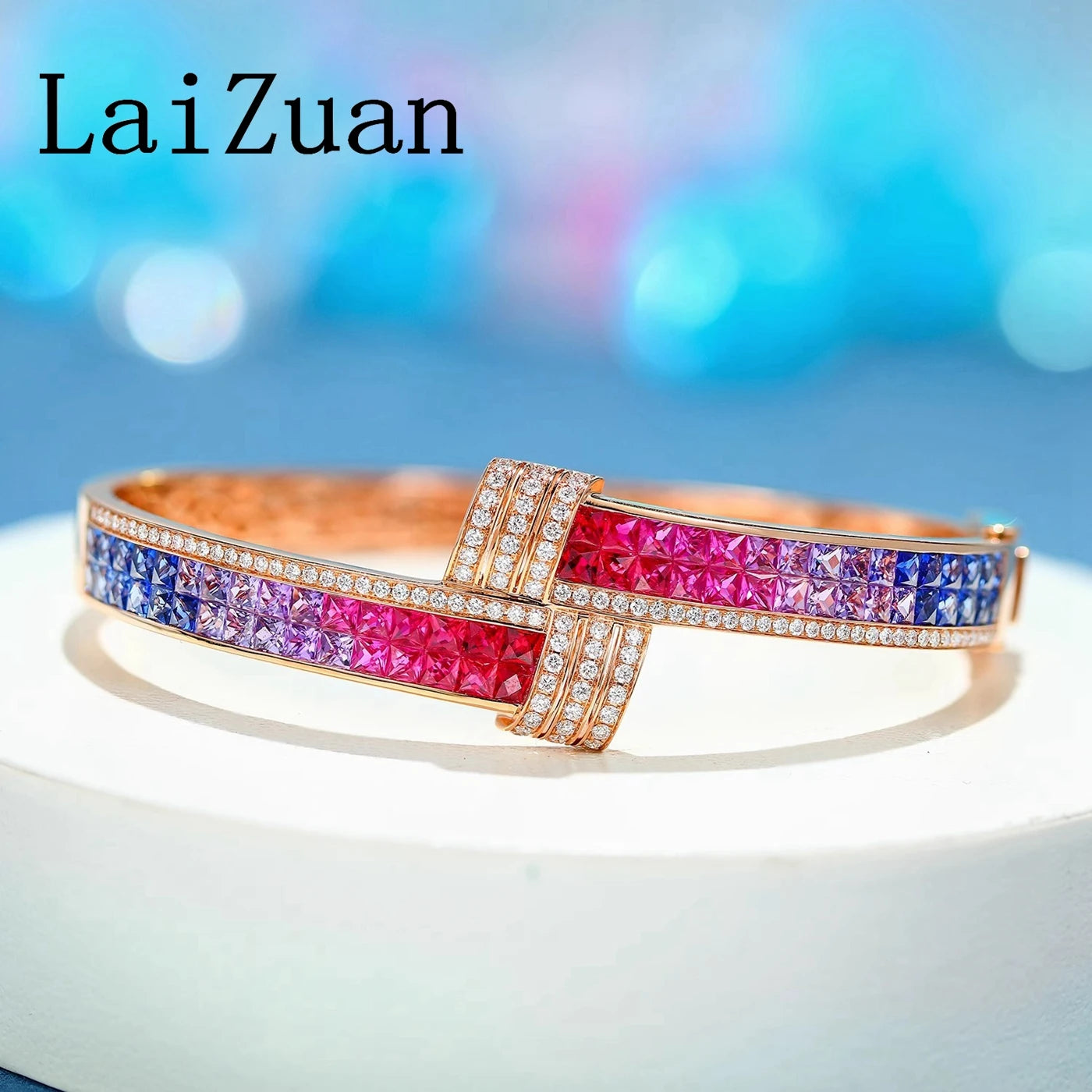 LaiZuan Solid 18K Yellow Gold Unique Rainbow Natural Diamond Bracelet Colorful Gemstones Jewelry Wedding Bride Anniversary Gifts