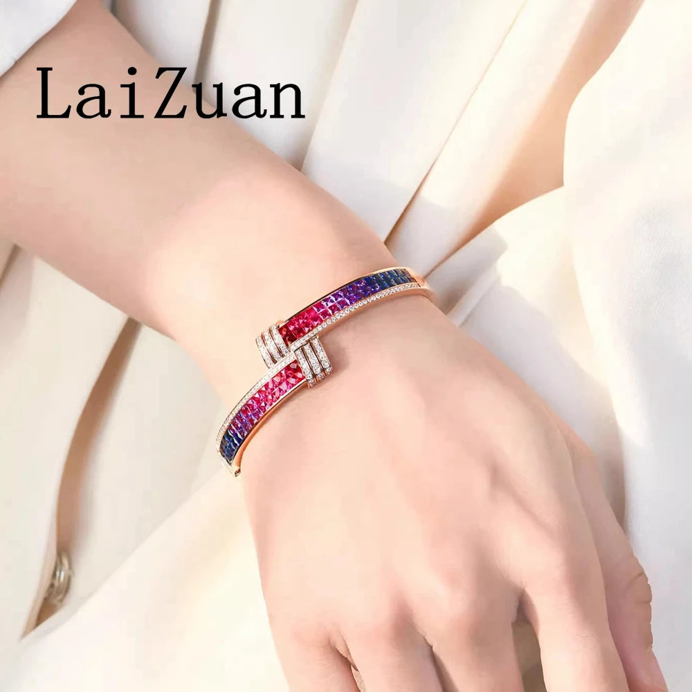 LaiZuan Solid 18K Yellow Gold Unique Rainbow Natural Diamond Bracelet Colorful Gemstones Jewelry Wedding Bride Anniversary Gifts