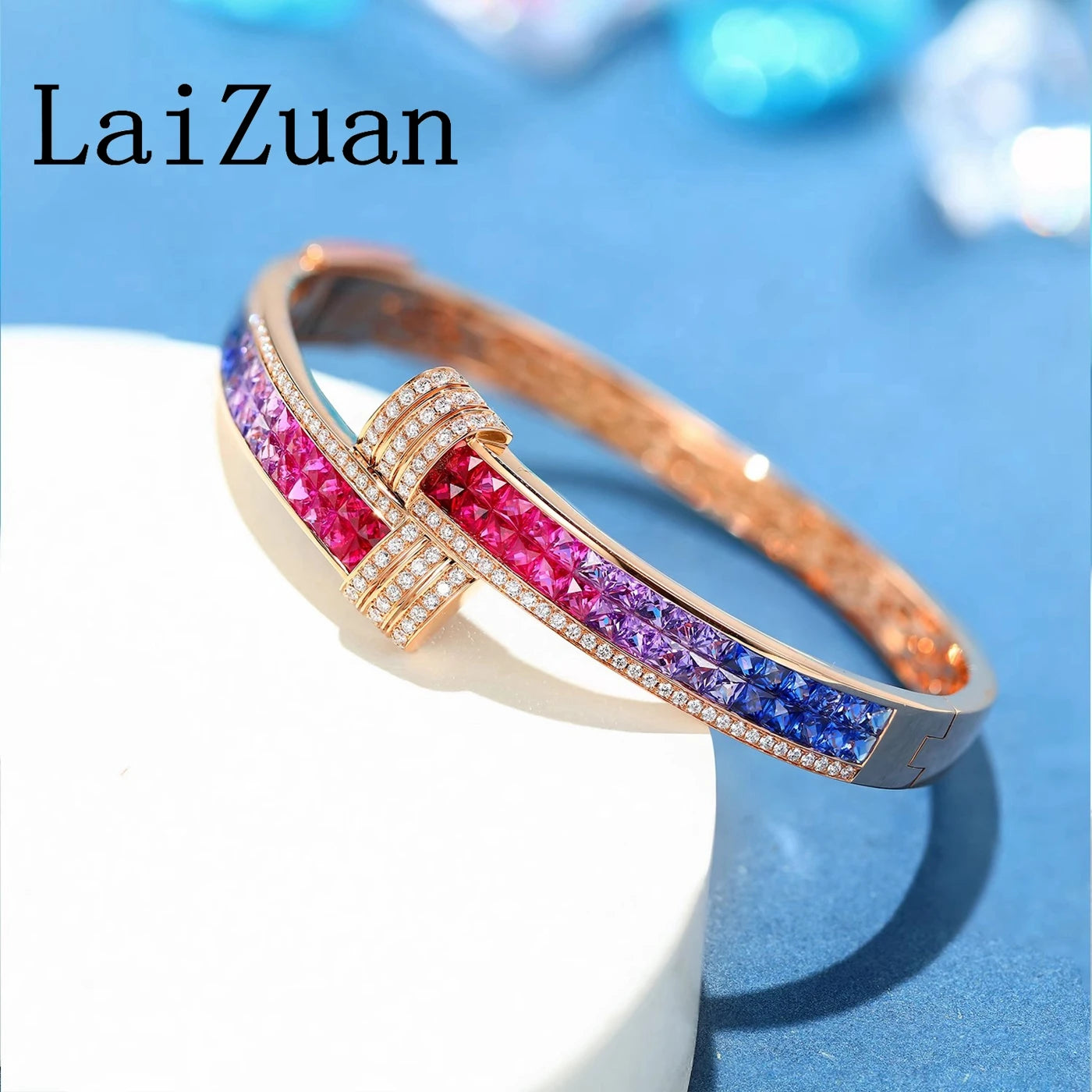 LaiZuan Solid 18K Yellow Gold Unique Rainbow Natural Diamond Bracelet Colorful Gemstones Jewelry Wedding Bride Anniversary Gifts