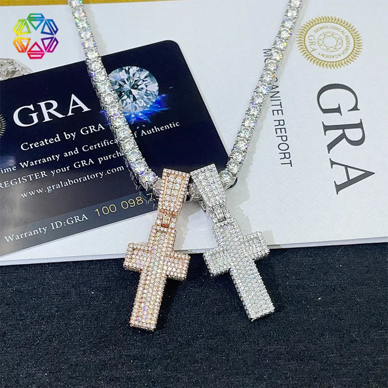 Diamond hair cross-border new product 925 silver moissanite personalized cross pendant rose gold Hiphop necklace pendant